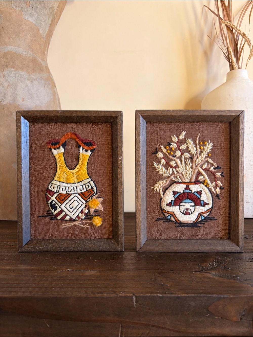 Vtg 70s Southwestern Native Crewel Embroidery Wall Art Pottery Boho Adobe